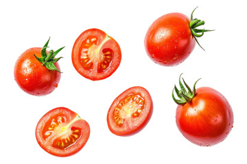 Fresh And Juicy Red Tomatoes Sliced In Half And Whole Isolated On Transparent Background