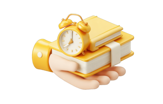 Hand holding a yellow book and alarm clock