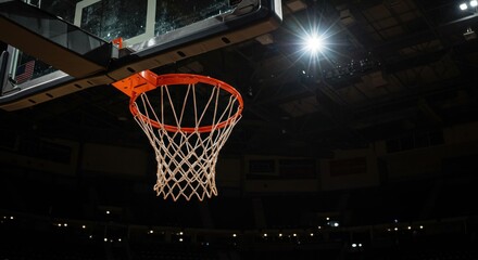 Basketball hoop in a dimly lit arena, with spectators in the background.