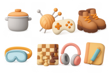 3d hobby icons: gaming, cooking, crafts, and more in soft pastel tones