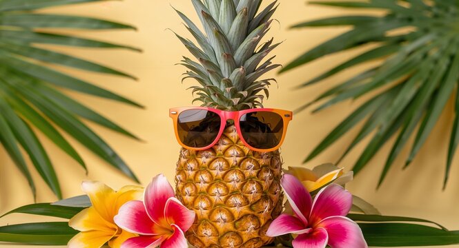 Pineapple Wearing Sunglasses With Tropical Flowers and Palm Leaves Backdrop. - Powered by Adobe