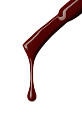 Dark red nail polish drop dripping from brush isolated on white background, glossy burgundy cosmetic liquid texture, close up high resolution beauty product photography
