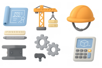 Construction elements: blueprint, crane, helmet, gears, calculator in 3d style
