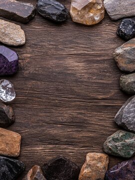 Assorted gemstones and minerals frame a rustic wooden surface.