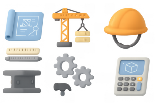 Construction elements: blueprint, crane, helmet, gears, calculator in 3d style