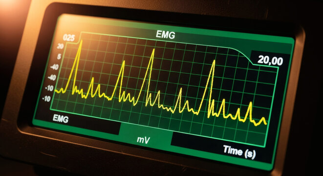 Close-up of a medical monitor displaying an EMG waveform, indicating electrical activity in muscles, with a green screen and yellow graph.