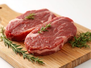 Fototapeta premium Two Raw Beef Steaks Garnished with Rosemary Sprigs on a Wooden Cutting Board.
