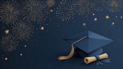 Graduation congratulations card graduation cap diploma fireworks stars clean dark blue and gold theme no people