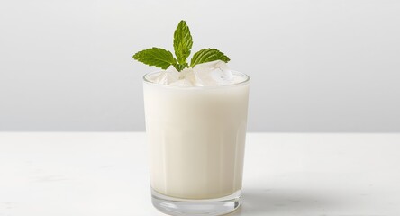 Refreshing White Drink with Ice and Mint Sprig in a Glass, on a Clean White Surface.