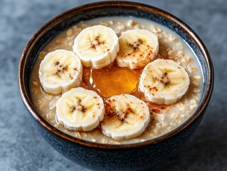 Healthy oatmeal breakfast bowl with banana and honey.