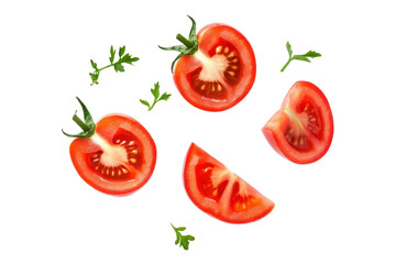 Fresh Tomato Slices and Green Herbs Isolated on Transparent Background