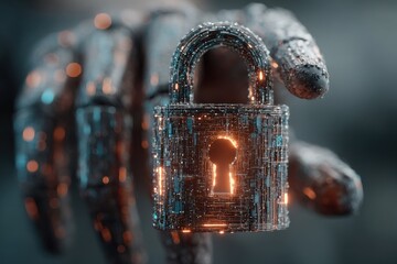 Digital padlock representing cybersecurity with futuristic robotic hand