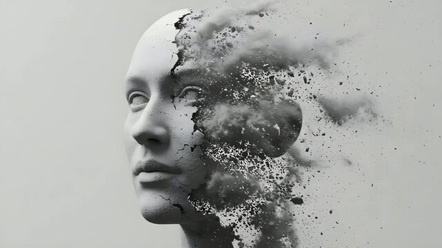 4k video of a sculpted head dissolving into dust; a monochromatic, close-up profile portrait shot against a neutral grey background, conveying a mood of disintegration