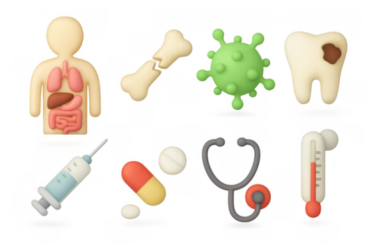 Healthcare icons set featuring anatomy, virus, and medical tools in 3d style