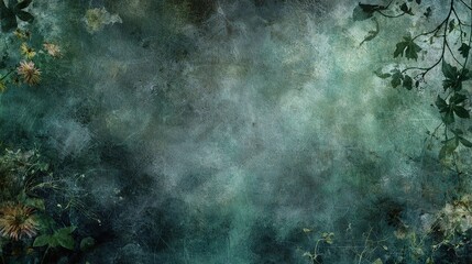 Fototapeta premium Green & dark gray background with grungy textures—various gray shades for depth, soft subtle color splashes in corners; includes flowers, leaves, vines (natural motifs) for organic feel
