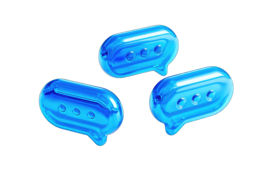 Three glossy, blue speech bubbles, 3D rendered