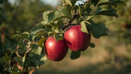 Obraz premium Two Shiny Red Apples on a Branch, Surrounded by Green Leaves in Autumn, Nature.