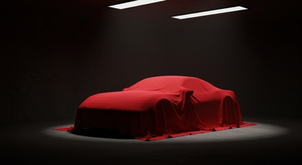 A car is covered with a red cloth in a dark room, illuminated by two spotlights.