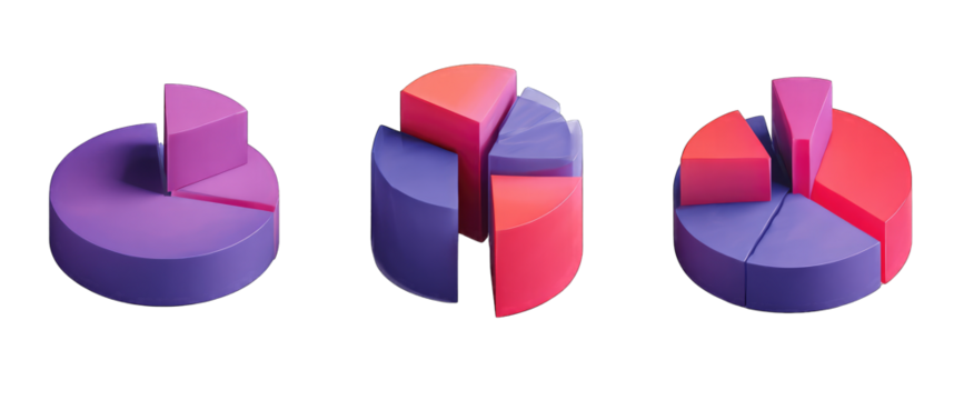 Three 3D pie charts in shades of purple and pink