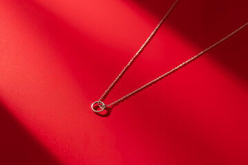 Delicate silver necklace with interlocking rings on vibrant red background jewelry