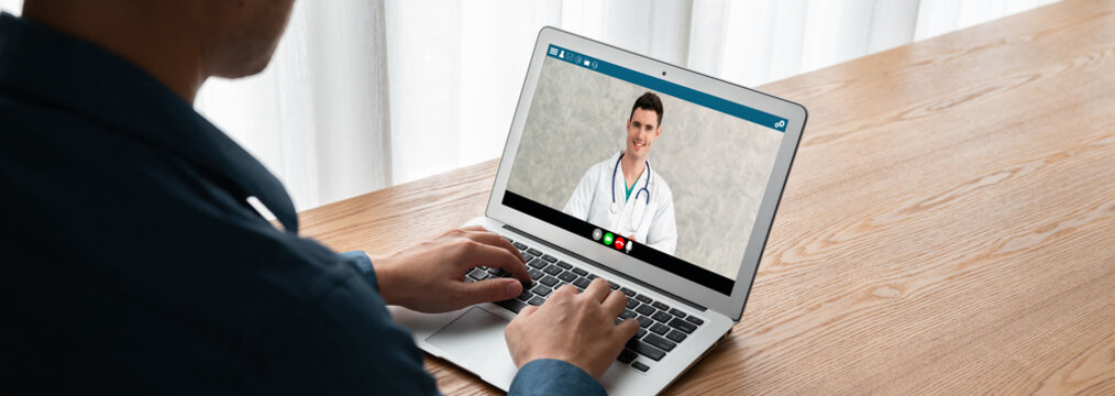 Doctor video call online by modish telemedicine software application for virtual meeting with patient