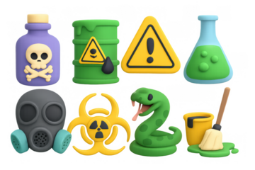 Colorful toxic hazard icons in 3d clay art style featuring warning signs and dangerous symbols
