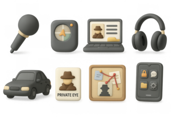 3d detective tools set: microphone, laptop, car, and gadgets for private investigation