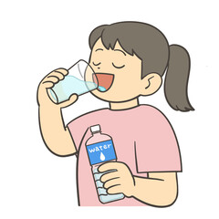 ペットボトルの水をコップで飲む女の子