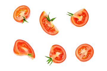 Naklejka premium Sliced Fresh Red Tomatoes with Green Stems on Transparent Background for Cooking and Garnishing
