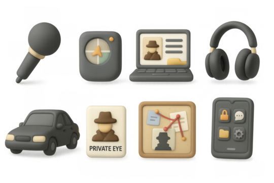 3d detective tools set: microphone, laptop, car, and gadgets for private investigation