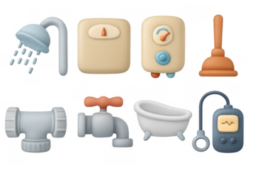 Colorful plumbing tools and bathroom icons in 3d design for home repair