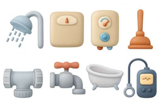 Colorful plumbing tools and bathroom icons in 3d design for home repair