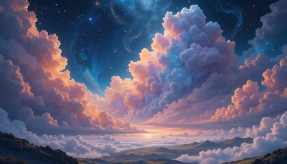 Fantasy Celestial Tree: A Majestic, Glowing Tree with Branches Reaching Toward an Intense, Swirling Night Sky Filled with Nebulae and Cosmic Clouds.