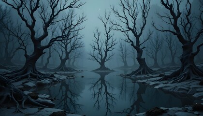 Eerie Swamp of Bare Trees: Dark, Moody Landscape of Stark, Leafless Trees Standing in Still, Reflective Water Under a Dark, Ominous Sky.