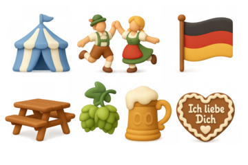 German culture festival icons: oktoberfest traditions in 3d style