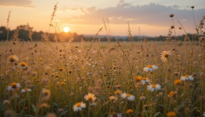 : Golden Hour Poppy Field: Vibrant Red Flowers and Tall Grass under a Warm Sunset Sky and Distant Hills