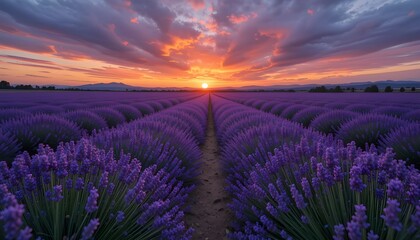 Dramatic Sunset Lavender Field: Vibrant Purple Lavender Rows Under a Spectacular Sunset Sky with Fiery Red, Orange, and Yellow Hues.