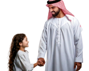 Happy Middle Eastern Father Holding Daughter’s Hand, isolated on transparent background