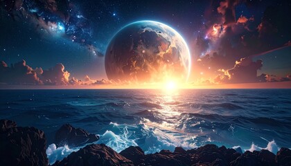 青い海と幻想的な惑星