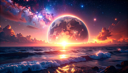 宇宙の彼方に沈む惑星と夕焼けの海