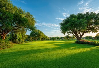 Obraz premium Lush green lawn, trees, sunny sky