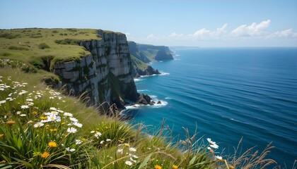 Dramatic Coastal Cliffs: Stunning Panoramic View of Steep, Rocky Coastal Cliffs Dropping to the Deep Blue Ocean Under a Bright Blue Sky.