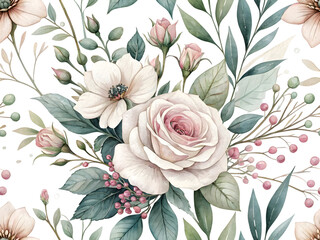 Watercolor floral bouquet with pink roses and white flowers on black image