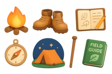 Camping adventure icons featuring fire, tent, compass, and hiking gear in 3d style