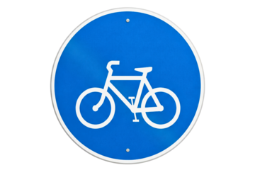 Round blue road sign indicating a bicycle route isolated on a transparent background