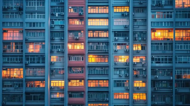 Urban dwelling facade at dusk.  Rows of lit windows illuminate a tall apartment building.  Cool toned facade with multiple stories and windows.  Air conditioning units are visible