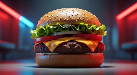 Juicy cheeseburger with lettuce, tomato, onion, and melted cheese on a sesame seed bun in a dimly lit setting