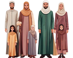 Illustrated Collection of Family Islamic Clothing with Hijabs, isolated on transparent background