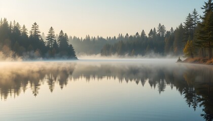 Fototapeta premium Tranquil Foggy Lake at Sunrise in the Wilderness