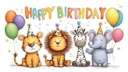 Fototapeta premium Happy Birthday card kids cartoon animals with party hats bright balloons playful design cheerful colors no people
